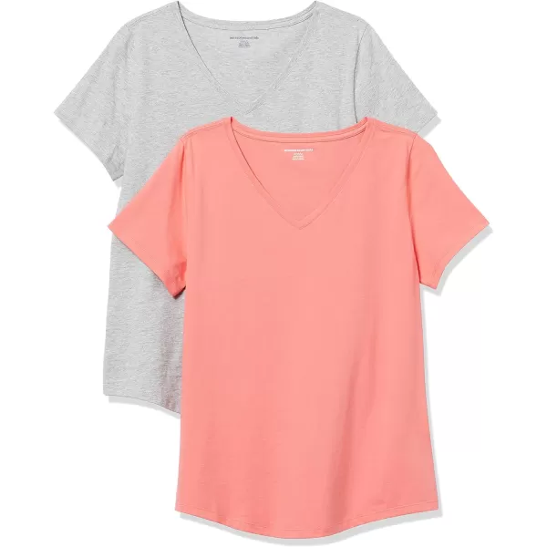 Amazon Essentials Womens ClassicFit 100 Cotton ShortSleeve VNeck TShirt Available in Plus Size Pack of 2Coral PinkLight Grey Heather