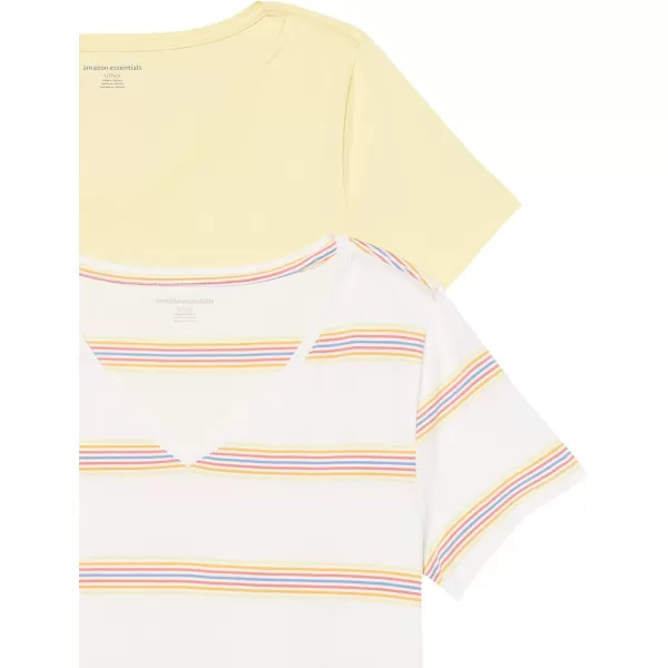 Amazon Essentials Womens ClassicFit 100 Cotton ShortSleeve VNeck TShirt Available in Plus Size Pack of 2Light YellowWhite Stripe