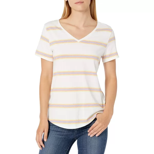 Amazon Essentials Womens ClassicFit 100 Cotton ShortSleeve VNeck TShirt Available in Plus Size Pack of 2Light YellowWhite Stripe