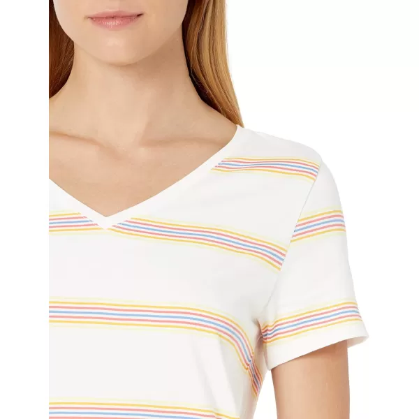 Amazon Essentials Womens ClassicFit 100 Cotton ShortSleeve VNeck TShirt Available in Plus Size Pack of 2Light YellowWhite Stripe