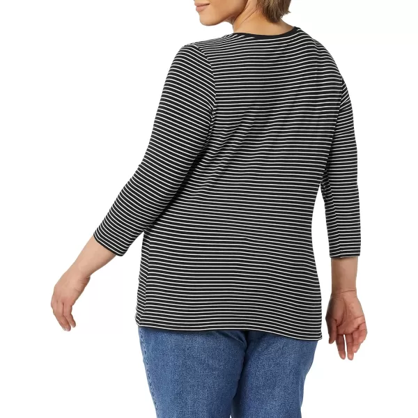 Amazon Essentials Womens ClassicFit 34 Sleeve VNeck TShirt Available in Plus Size Multipacks1 Black White Stripe