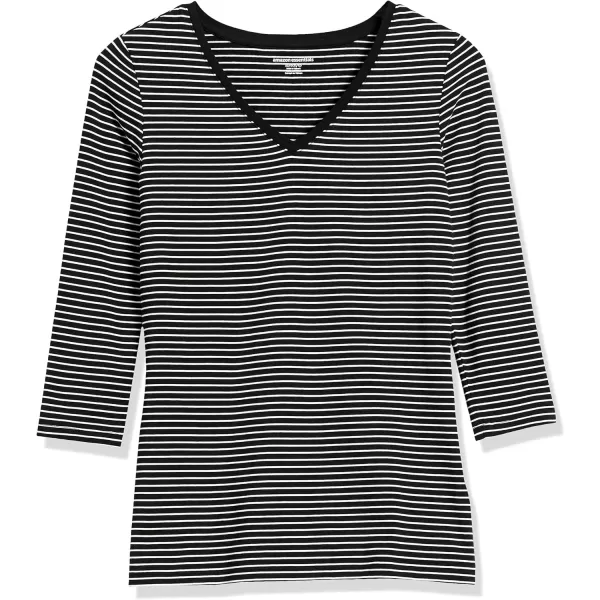 Amazon Essentials Womens ClassicFit 34 Sleeve VNeck TShirt Available in Plus Size Multipacks1 Black White Stripe