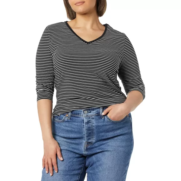 Amazon Essentials Womens ClassicFit 34 Sleeve VNeck TShirt Available in Plus Size Multipacks1 Black White Stripe