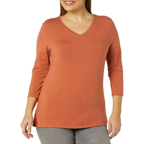 Amazon Essentials Womens ClassicFit 34 Sleeve VNeck TShirt Available in Plus Size Multipacks1 Caramel