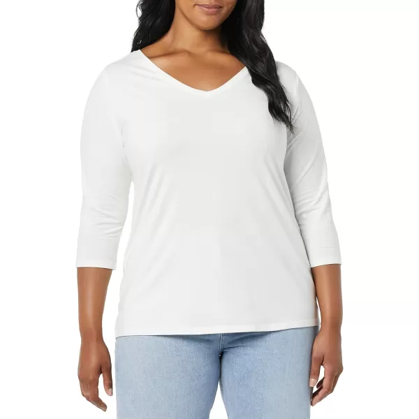 Amazon Essentials Womens ClassicFit 34 Sleeve VNeck TShirt Available in Plus Size Multipacks2 WhiteLight Camel