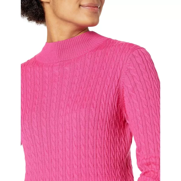 Amazon Essentials Womens ClassicFit Lightweight Cable LongSleeve Mock Neck SweaterBright Pink