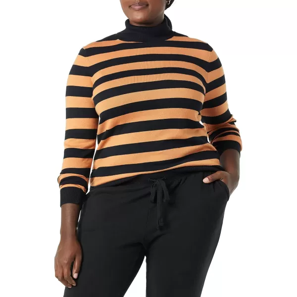 Amazon Essentials Womens ClassicFit Lightweight LongSleeve Turtleneck Sweater Available in Plus SizeBlack Camel Rugby Stripe