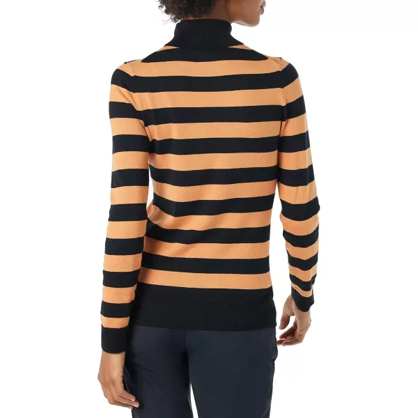 Amazon Essentials Womens ClassicFit Lightweight LongSleeve Turtleneck Sweater Available in Plus SizeBlack Camel Rugby Stripe