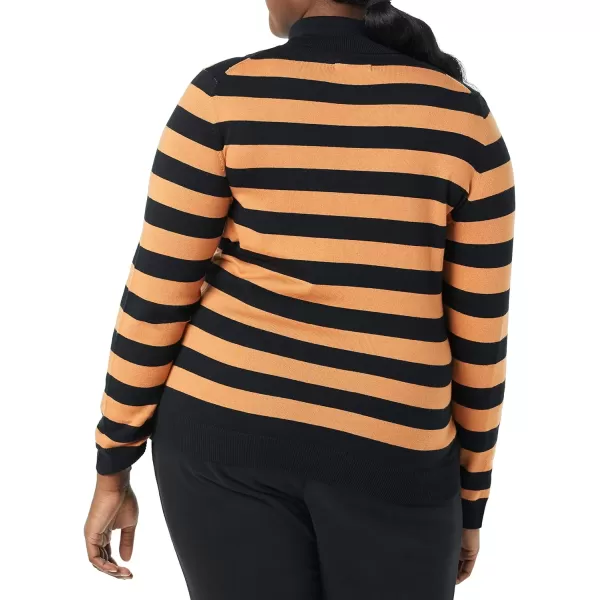 Amazon Essentials Womens ClassicFit Lightweight LongSleeve Turtleneck Sweater Available in Plus SizeBlack Camel Rugby Stripe