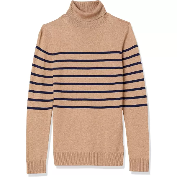 Amazon Essentials Womens ClassicFit Lightweight LongSleeve Turtleneck Sweater Available in Plus SizeCamel Navy Placed Stripe