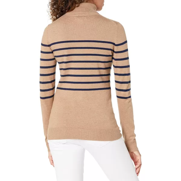 Amazon Essentials Womens ClassicFit Lightweight LongSleeve Turtleneck Sweater Available in Plus SizeCamel Navy Placed Stripe