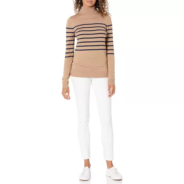 Amazon Essentials Womens ClassicFit Lightweight LongSleeve Turtleneck Sweater Available in Plus SizeCamel Navy Placed Stripe