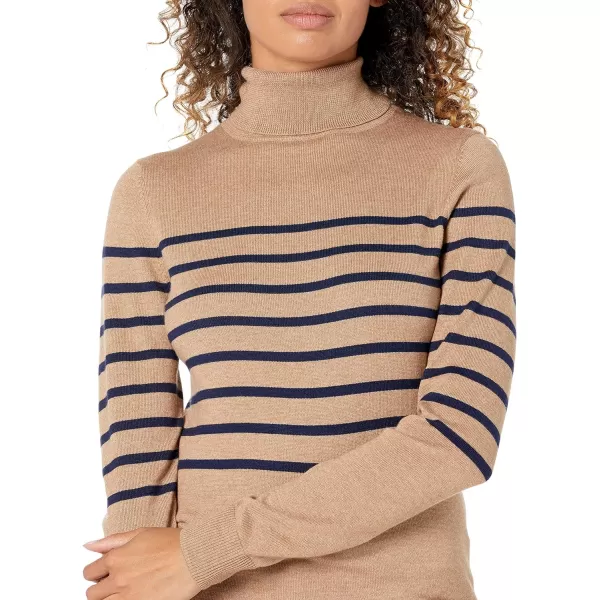 Amazon Essentials Womens ClassicFit Lightweight LongSleeve Turtleneck Sweater Available in Plus SizeCamel Navy Placed Stripe