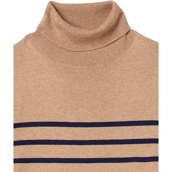 Amazon Essentials Womens ClassicFit Lightweight LongSleeve Turtleneck Sweater Available in Plus SizeCamel Navy Placed Stripe