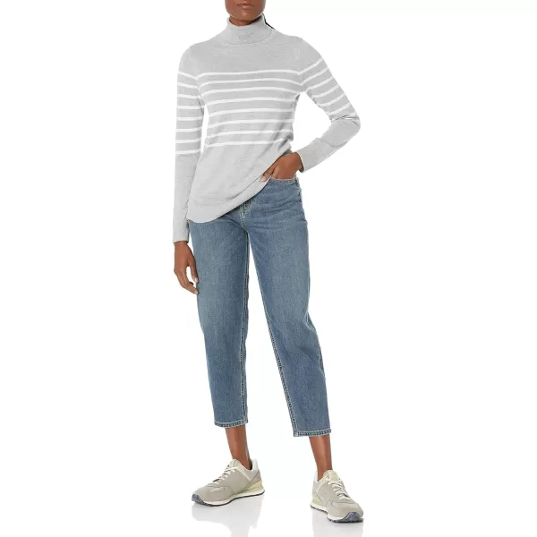 Amazon Essentials Womens ClassicFit Lightweight LongSleeve Turtleneck Sweater Available in Plus SizeLight Grey HeatherWhite Placed Stripe