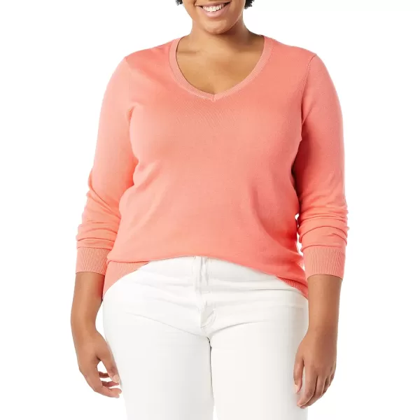 Amazon Essentials Womens ClassicFit Lightweight LongSleeve VNeck Sweater Available in Plus SizeCoral Pink