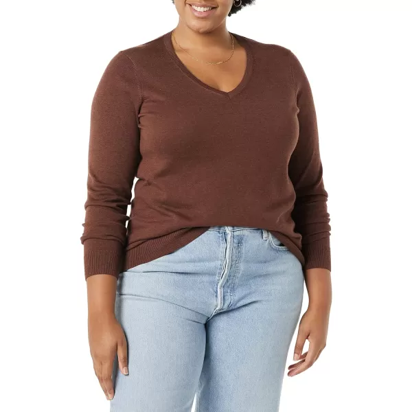 Amazon Essentials Womens ClassicFit Lightweight LongSleeve VNeck Sweater Available in Plus SizeDark Chestnut Brown Heather