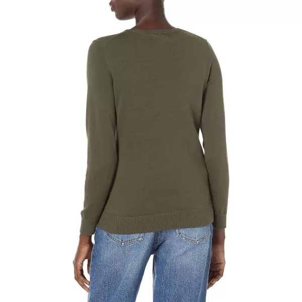 Amazon Essentials Womens ClassicFit Lightweight LongSleeve VNeck Sweater Available in Plus SizeDark Olive Heather