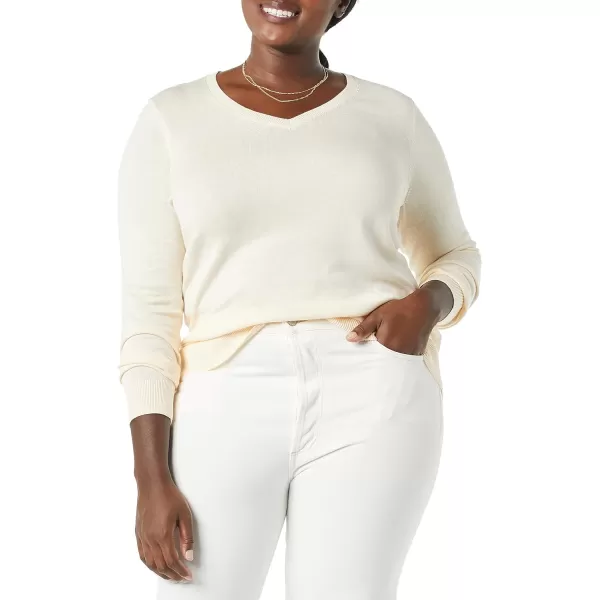 Amazon Essentials Womens ClassicFit Lightweight LongSleeve VNeck Sweater Available in Plus SizeEcru