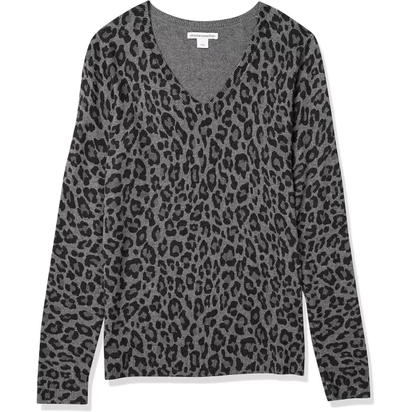 Amazon Essentials Womens ClassicFit Lightweight LongSleeve VNeck Sweater Available in Plus SizeGrey Heather Leopard Print