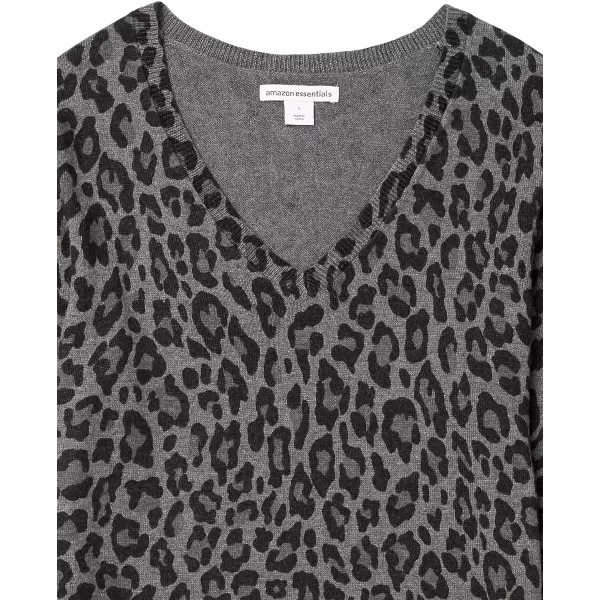 Amazon Essentials Womens ClassicFit Lightweight LongSleeve VNeck Sweater Available in Plus SizeGrey Heather Leopard Print