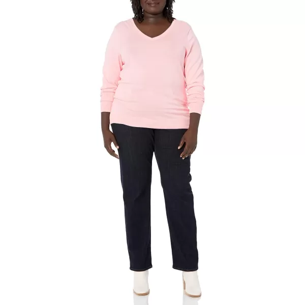 Amazon Essentials Womens ClassicFit Lightweight LongSleeve VNeck Sweater Available in Plus SizeLight Pink