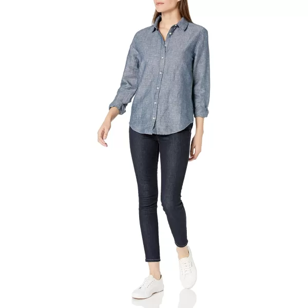 Amazon Essentials Womens ClassicFit LongSleeve Linen ShirtNavy Cross Dye