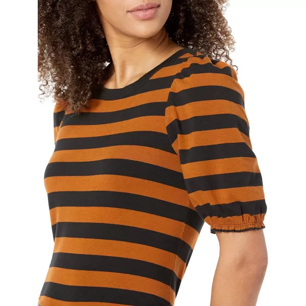 Amazon Essentials Womens ClassicFit Puff ShortSleeve Crewneck TShirtDark CamelBlack Stripe