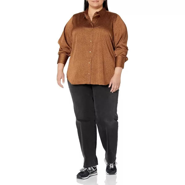 Amazon Essentials Womens ClassicFit Satin Button Down Blouse Available in Plus SizeDark Chestnut Brown Leopard