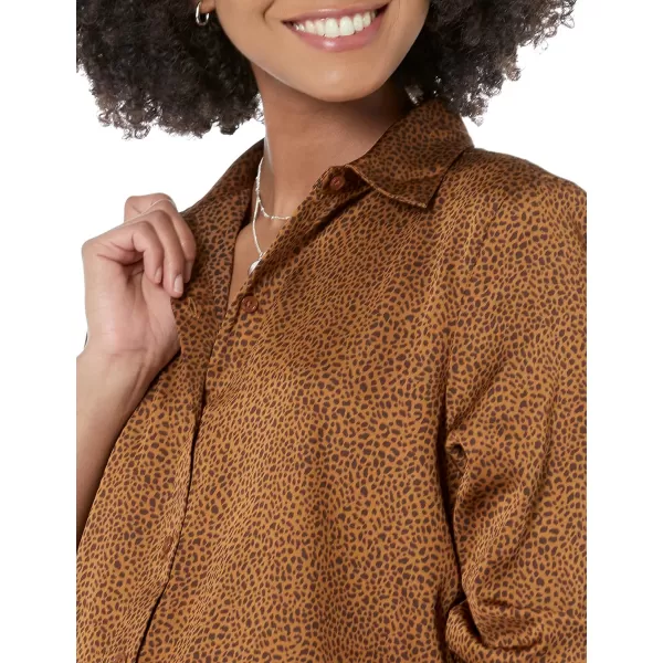 Amazon Essentials Womens ClassicFit Satin Button Down Blouse Available in Plus SizeDark Chestnut Brown Leopard