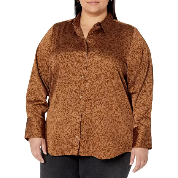 Amazon Essentials Womens ClassicFit Satin Button Down Blouse Available in Plus SizeDark Chestnut Brown Leopard