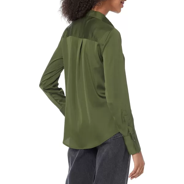 Amazon Essentials Womens ClassicFit Satin Button Down Blouse Available in Plus SizeDark Olive