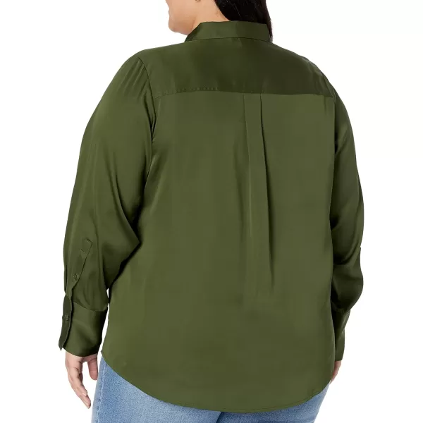 Amazon Essentials Womens ClassicFit Satin Button Down Blouse Available in Plus SizeDark Olive