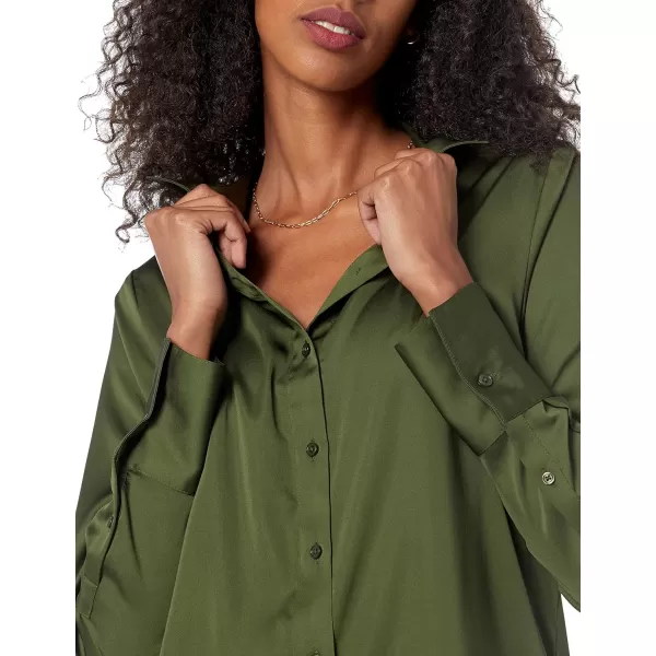 Amazon Essentials Womens ClassicFit Satin Button Down Blouse Available in Plus SizeDark Olive