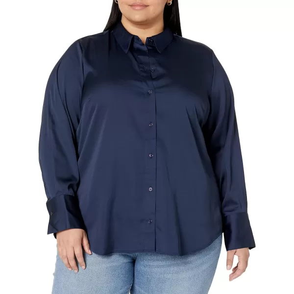 Amazon Essentials Womens ClassicFit Satin Button Down Blouse Available in Plus SizeNavy