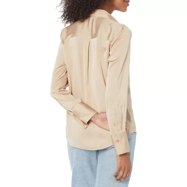 Amazon Essentials Womens ClassicFit Satin Button Down Blouse Available in Plus SizeTan