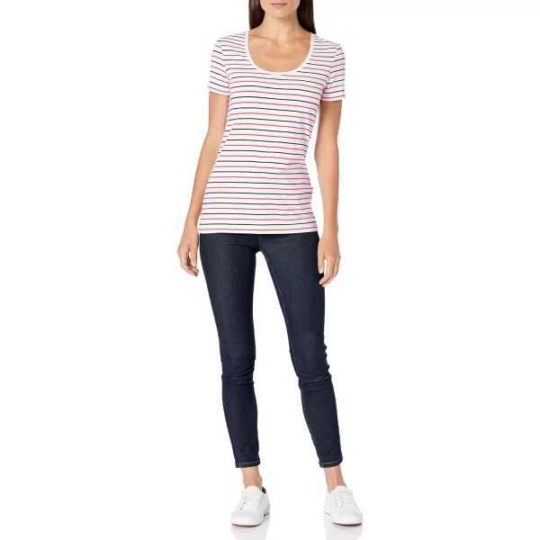 Amazon Essentials Womens ClassicFit ShortSleeve Scoop Neck TShirt Available in Plus Size Pack of 2WhiteNavyRed Stripe