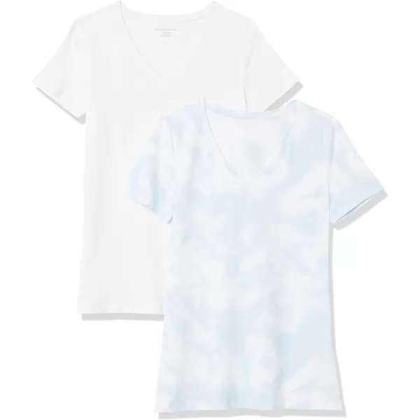 Amazon Essentials Womens ClassicFit ShortSleeve VNeck TShirt Multipacks2 Blue Tie DyeWhite