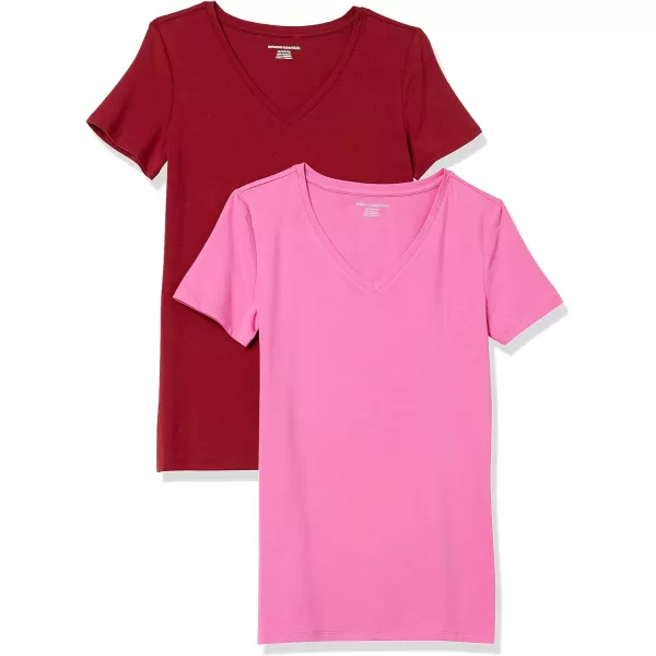 Amazon Essentials Womens ClassicFit ShortSleeve VNeck TShirt Multipacks2 BurgundyPink