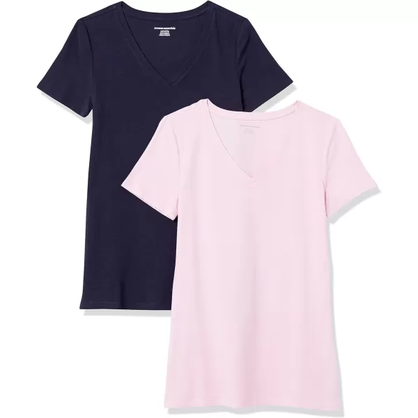 Amazon Essentials Womens ClassicFit ShortSleeve VNeck TShirt Multipacks2 NavyLight Pink