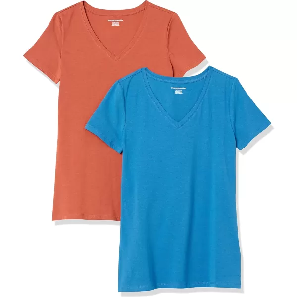 Amazon Essentials Womens ClassicFit ShortSleeve VNeck TShirt Multipacks2 TerracottaBlue