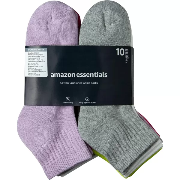 Amazon Essentials Womens Cotton Lightly Cushioned Ankle Socks 10 PairsPinkGreyWhite