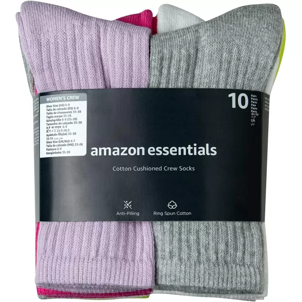 Amazon Essentials Womens Cotton Lightly Cushioned Crew Socks 10 PairsPinkGreyWhite