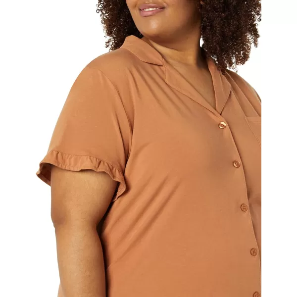 Amazon Essentials Womens Cotton Modal Piped Notch Collar Pajama Set Available in Plus SizeLight Caramel