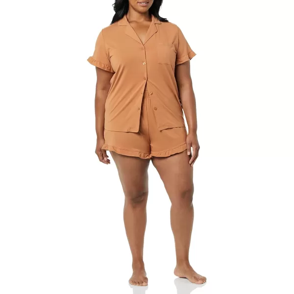 Amazon Essentials Womens Cotton Modal Piped Notch Collar Pajama Set Available in Plus SizeLight Caramel