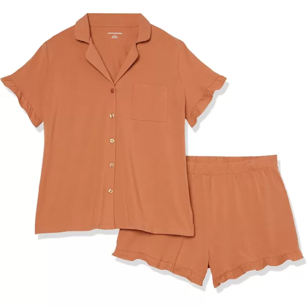 Amazon Essentials Womens Cotton Modal Piped Notch Collar Pajama Set Available in Plus SizeLight Caramel