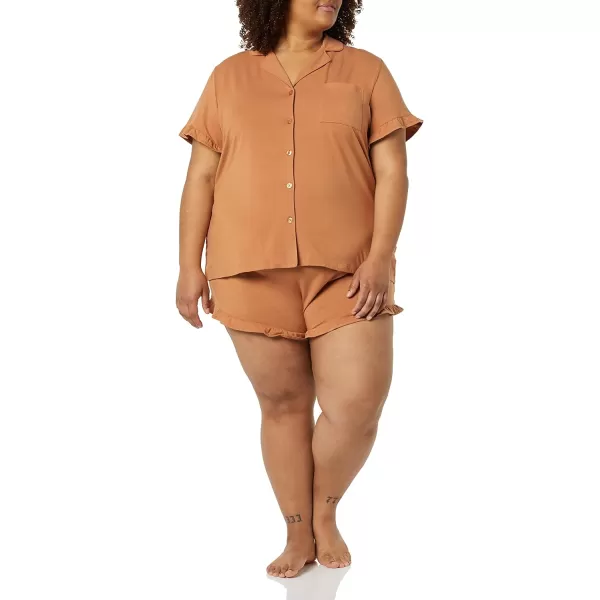 Amazon Essentials Womens Cotton Modal Piped Notch Collar Pajama Set Available in Plus SizeLight Caramel
