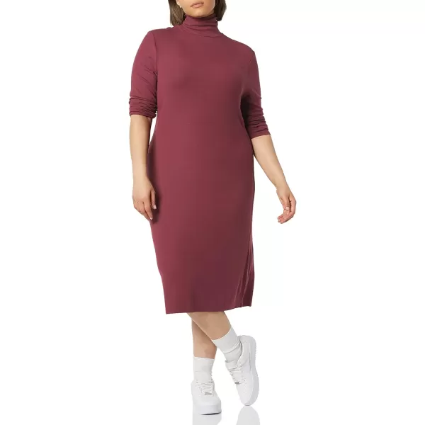 Amazon Essentials Womens Fine Rib LongSleeve Turtleneck Midi Dress Previously Daily RitualDark Burgundy