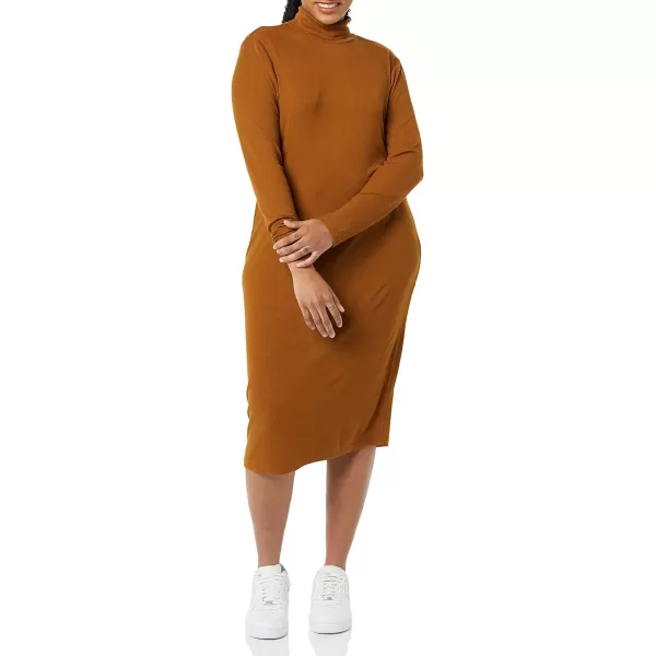 Amazon Essentials Womens Fine Rib LongSleeve Turtleneck Midi Dress Previously Daily RitualDark Chestnut Brown