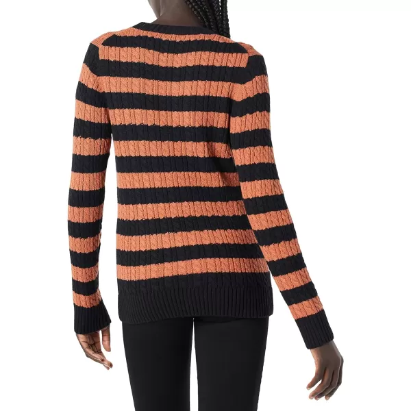 Amazon Essentials Womens Fisherman Cable LongSleeve Crewneck Sweater Available in Plus SizeBlackCaramel Stripe